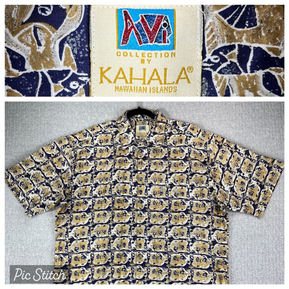 Kahala Hawaiian aloha Button Up Shirt Men L Blue Tan geometric Fish surf Print